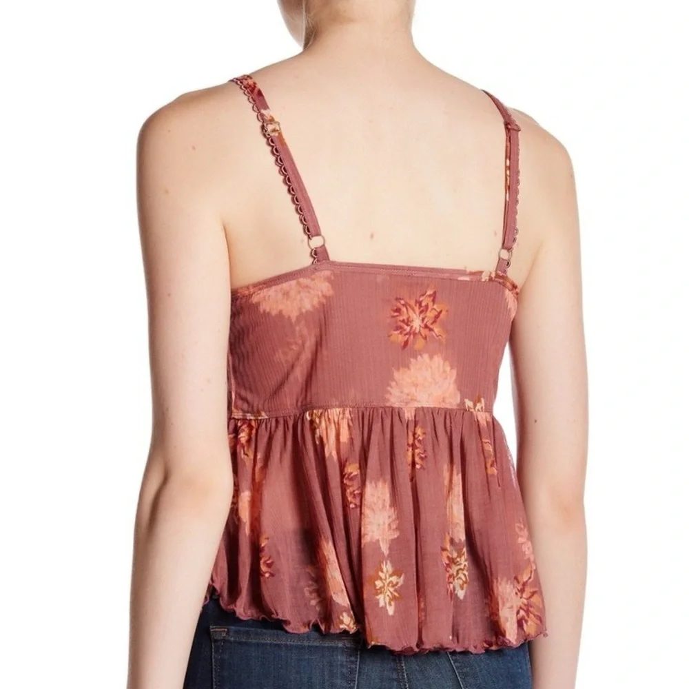 FREE PEOPLE MELBOURNE PRINTED RUFFLED RIBBED TANK
